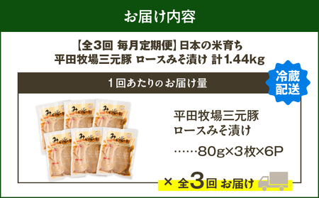 【 全3回 毎月 定期便 】 日本 の 米育ち 平田牧場 三元豚 ロース みそ漬け 80g × 3枚 × 6P T036-T18-01 定期 肉 お肉 にく 豚 豚肉 ブタ ぶた 豚丼 豚の包み焼き 