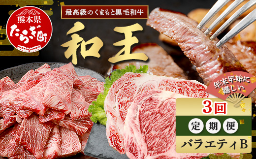 【定期便3回】くまもと 黒毛和牛 (和王) 年末年始 に嬉しい バラエティ 定期便B【12月/1月/2月 配送】 ブランド牛 定期便 肉 サーロイン ロース ステーキ 焼肉 焼き肉 やきにく 牛肉 お肉 定期便 年末 年始 プレミアム品質 122-0606