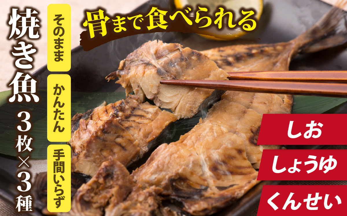 
                  丸ごと骨まで食べられる焼き魚 3枚セット×3種（塩干し、醤油干し、燻製） [A-088024] / たからや商店 越前宝や 鯖 鯵 秋刀魚 アジ サンマ サバ あじ さんま さば 塩焼き 干物 醤油焼き 保存食 くんせい 国産
                