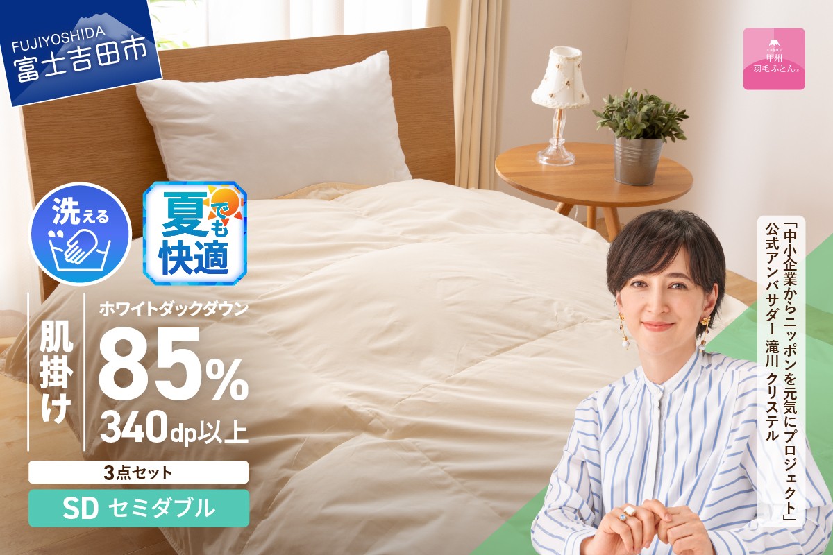 洗える羽毛肌掛けふとん３点セット（セミダブル）【抗菌・除菌・ウイルス除去カバー付き】