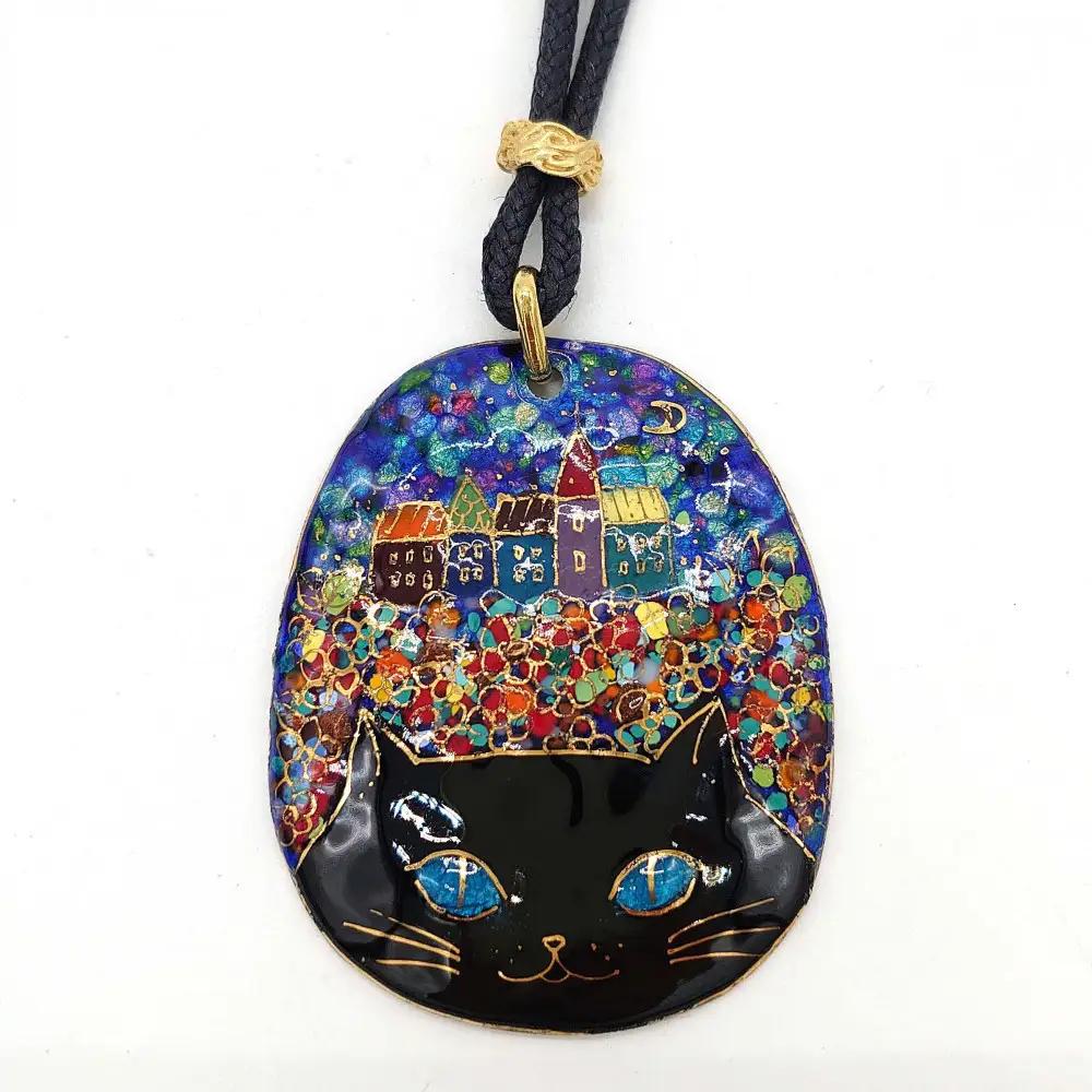 ネックレス 金彩無線七宝焼 黒猫のネックレス