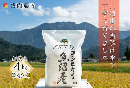 【令和７年産】南魚沼産コシヒカリ 無洗米４kg（２ｋｇ×２）【５割減農薬栽培米】城内農産
