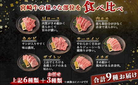 宮崎牛焼肉食べ比べ9種盛_32-3101_(都城市) 都城産 宮崎牛 A4ランク 焼肉 セット 肩ロース カルビ ザブトン 内モモ サーロイン イチボ 6種類 お任せ にくほんぽ黒たれ 9種