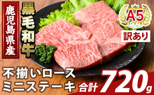 K-479-C ＜訳あり＞鹿児島県産A5等級黒毛和牛不揃いロースミニステーキ(計720g) 【ふるさと産直バザール】霧島市 牛肉 国産 鹿児島県産 赤身肉 不揃い ワケアリ ロース ステーキ 肉 精肉