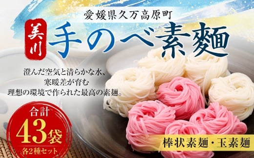 美川手のべ素? 棒状、玉素?セット 計43袋 8.14kg ／ （白棒状素麺300g×20、梅棒状素麺250g×4、白玉素麺60g×17、梅玉素麺60g×2） そうめん 素麺 麺 棒状 玉素麺 梅 ウメ うめ 白 赤 七折小梅 四国 愛媛県 【えひめの町（超）推し！（久万高原町）】 （274）