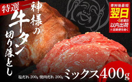 【 スピード発送 】特選神様の牛タン切り落とし　400g（塩だれ1p＋焼肉だれ1p） / 食べ比べ  訳あり スピード配送  お肉の神様