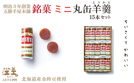 五勝手屋本舗『ミニ丸缶羊羹』15本セット　金時豆のようかん　保存料不使用　五勝手屋羊羹の老舗　和菓子　銘菓　名物　贈答用　ギフト　お中元　お歳暮　お祝い　のし　熨斗