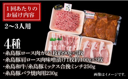 【全12回定期便】毎日のメインのおかずを彩る精肉セット 1,050g 2~3人前 4種《糸島》【糸島ミートデリ工房】[ACA203] 豚肉 博多和牛 牛肉 BBQ トンカツ 焼肉 ハンバーグ 味噌 ミ