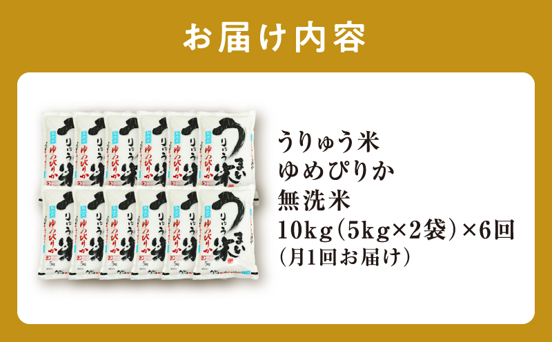 【定期便全6回】【新米予約】 令和7年産 うりゅう米 ゆめぴりか 無洗米 10kg（5kg×2袋）毎月1回お届け お米 米 ごはん ご飯 6ヶ月 連続お届け 定期便 特A 単一原料米 お弁当 国産 人