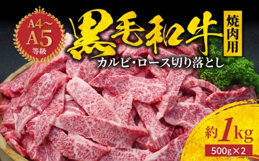 
            S001-024_A4～A5等級 黒毛和牛 焼肉 カルビ ロース 切り落とし 1kg 焼肉のたれ 1本付
          