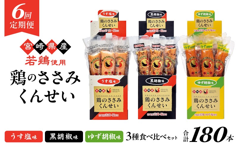
            【6回定期便】鶏のささみくんせい 3種食べ比べ 30本セット ＜うす塩・黒胡椒・ゆず胡椒 ＞ おつまみ スモーク チキン 燻製
          