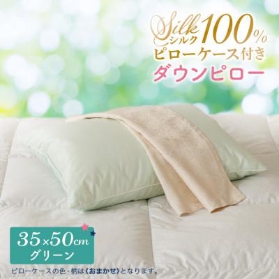 ふるさと納税 花巻市 シルクピローケース付き ダウンピロー[小さいサイズ:35×50cm・グリーン]