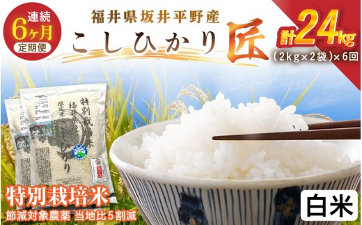 【6ヶ月連続お届け】令和7年産 特別栽培米 コシヒカリ匠  4kg（2kg×2袋）×6回 計24kg 節減対象農薬当地比5割減【白米】【米 コメ お米 コシヒカリ ふるさと納税米 ブランド米 国産】 [J-2909_01]