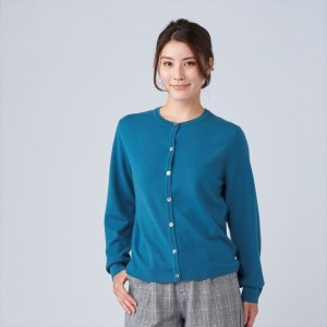 日本製 カシミヤ100% レディース クルーカーディガン ダークグリーン 2Lサイズ [2672]