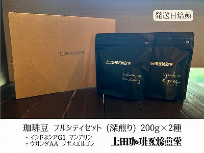 【ふるさと納税】【上田珈琲豆焙煎堂】珈琲豆 深煎り2種×200gインドネシアマンデリン・ウガンダAA【豆】　お届け：発注後、3週間程度 HNNBM001