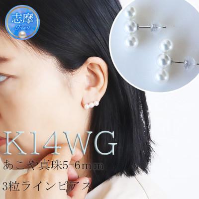 ふるさと納税 志摩市 志摩産アコヤ真珠 5-6ミリ 3粒ラインピアス (K14WG)