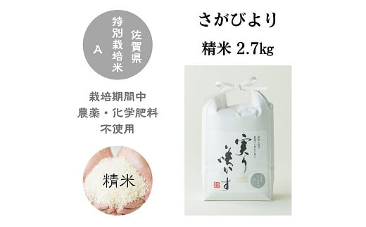 
            「実り咲かす」農薬・化学肥料不使用 さがびより精米2.7kg：B115-019
          