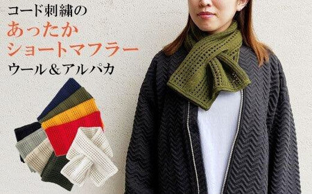 差し込み ショートマフラー ストライプ柄 ( レッド ) ウール ＆ アルパカ コード刺繍 レディース 日本製 | おしゃれ シンプル マフラー プレゼントギフト 母の日 新潟県 五泉市 有限会社田中