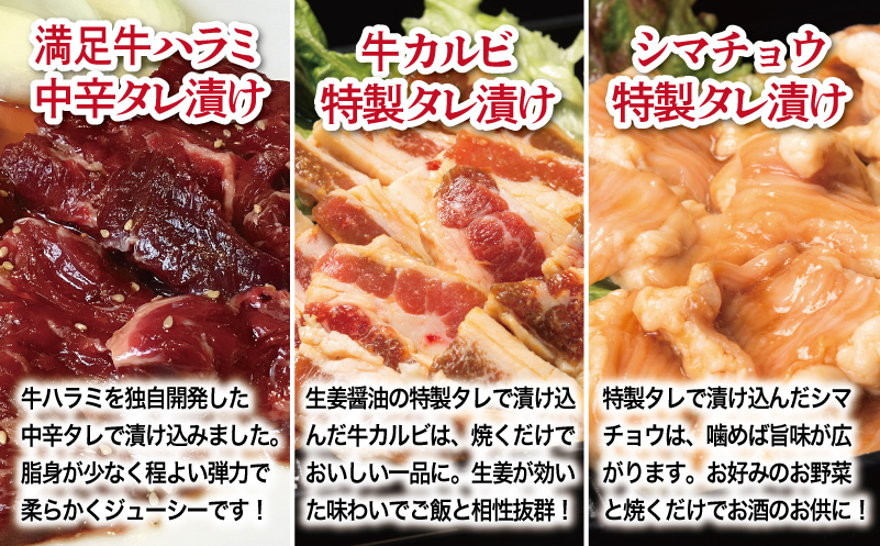 【タレ漬け3種の牛焼肉セット】 満足牛ハラミ・牛カルビ・シマチョウ 合計4.5kg【味付け ハラミ 小分け 焼くだけ 簡単調理 BBQ 牛肉 250g×各6P】 G3418
