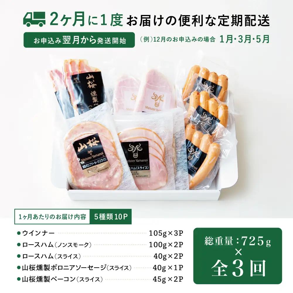 【定期便3回：2ヶ月に1度】マイスター山野井 ハム・ソーセージ 5種（計10P）ウインナー ベーコン ハム スライス 肉 豚肉 詰め合わせ 詰合せ セット 小分け 鹿児島 グルメ 冷蔵 定期配送 南さ