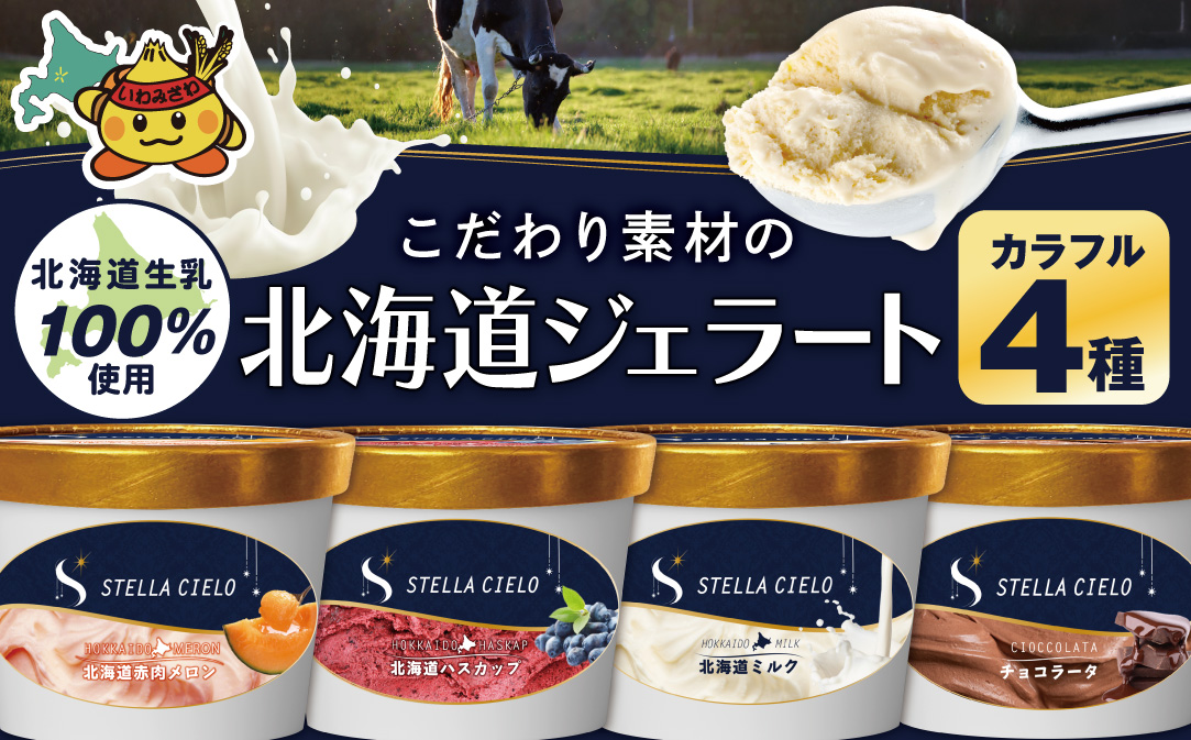 STELLA CIELO 北海道ジェラート4個 カラフル | 北海道ミルク チョコラータ 北海道赤肉メロン 北海道ハスカップ