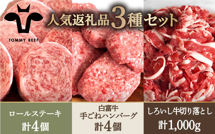 
            【牧場直送】人気返礼品詰め合わせ！牛肉100%ふんわりロールステーキ 4個＆白富牛 手ごねハンバーグ 4個＆しろいし牛 切り落とし 500g×2パック【佐賀セントラル牧場】佐賀県産 牛肉 肉 お肉 ステーキ ハンバーグ 九州 佐賀県 白石町 [IAH129]
          