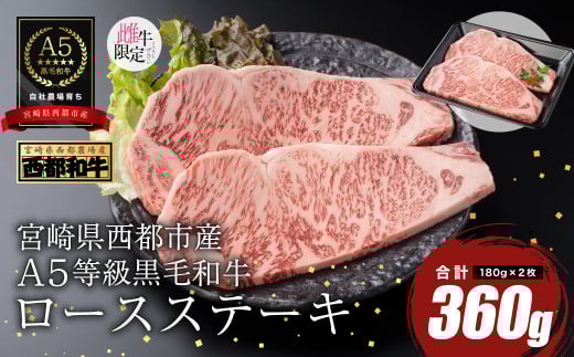 【最高品質のA5等級 西都和牛】黒毛和牛ロースステーキ 2枚（180ｇ×2）宮崎県産＜1.5-26＞【カミチクファーム】牛肉 ステーキ