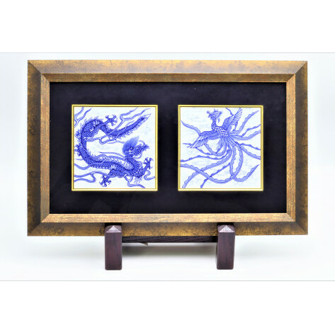 有田焼 禁裡御用（宮内庁）窯元 辻精磁社 平和を願う染付龍鳳凰紋 陶額 A750-9