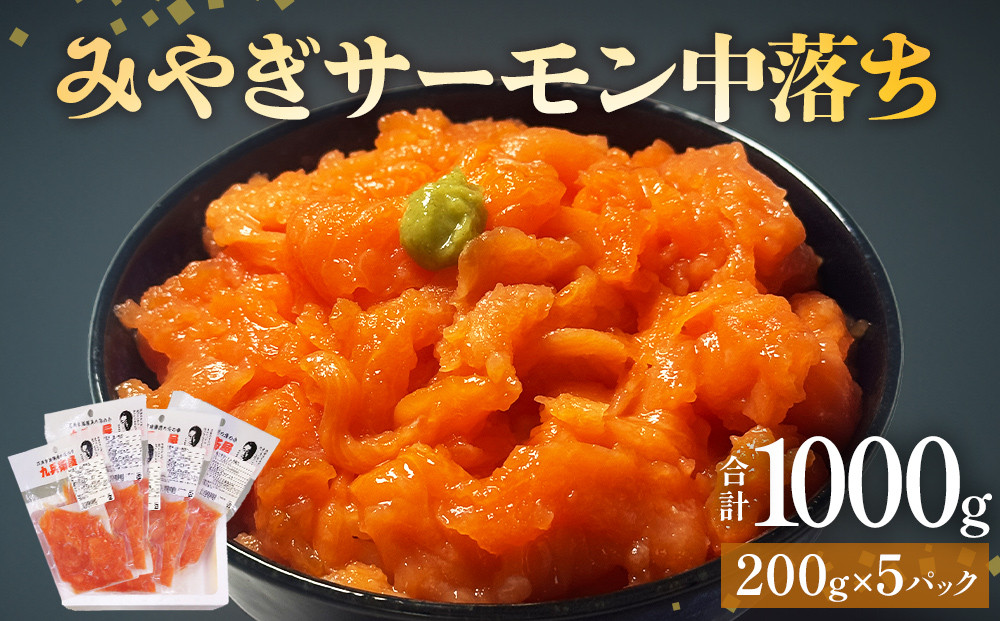 
            鮭 みやぎサーモン 中落ち 1kg（ 200g × 5袋 ）サーモン 中落ち 小分け 石巻市 石巻 宮城県 国産 寿司 丼 さーもん 鮭 さけ パック 1キロ 個包装 銀鮭 養殖銀鮭 真空包装 冷凍 海鮮 海鮮丼 刺身 なめろう シャケ 送料無料
          