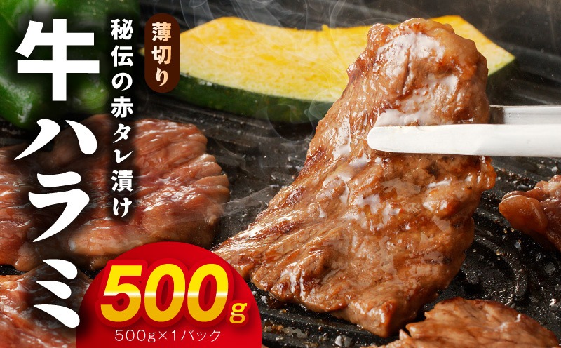 G4655 【お試し】牛ハラミ肉 500g 薄切り スライス 小分け 訳あり サイズ不揃い 秘伝の赤タレ漬け 焼肉 牛肉