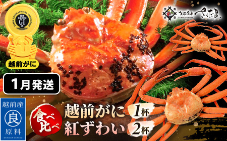 ≪浜茹で≫ ずわいがに 食べ比べ セット 越前がに 300～500g × 1杯 紅ずわいがに 200～300g × 2杯 かに酢 食べ方しおり スプーン付き 【1月発送分】【かに カニ 雄 ズワイガニ ずわいがに 紅ずわいがに 姿 ボイル 福井県 冷蔵】希望日指定可 備考欄に希望日をご記入ください [e04-x024_01]