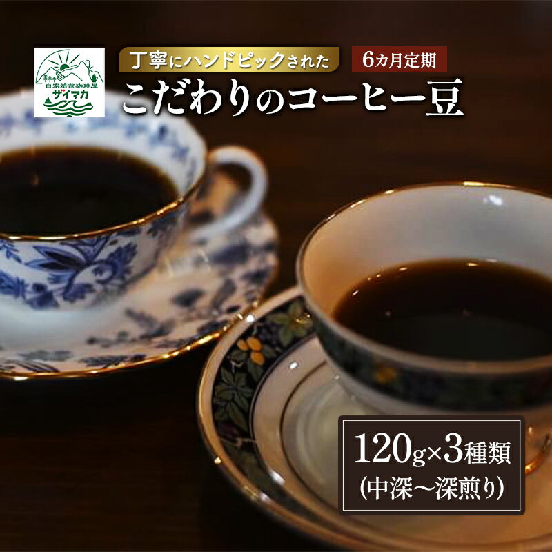 【ふるさと納税】【6ヵ月定期便】丁寧にハンドピックされたこだわりのコーヒー豆120g×3種類(中深～深煎り)【粉】 珈琲 コーヒー豆 珈琲豆 豆 焙煎 自家焙煎 セット