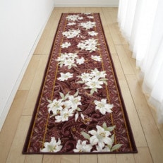 日本製 廊下カーペット 80cm×180cm 【ユリ柄】滑り止め加工(エンジ)