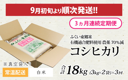 【白米】【定期便3ヶ月連続】【先行予約】令和6年産 新米 ふくい東郷米 特別栽培米 農薬70％減 コシヒカリ 6kg(3kg×2袋)×3ヶ月 合計18kg[E-020021_01]