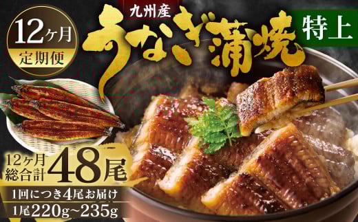 【12ヶ月定期便】九州産 うなぎ蒲焼 特上 4尾 (1尾あたり220～235g) 合計48尾 たれ 山椒 鰻 ウナギ 蒲焼き 国産 冷凍 鹿児島、宮崎、熊本等産うなぎ原料使用