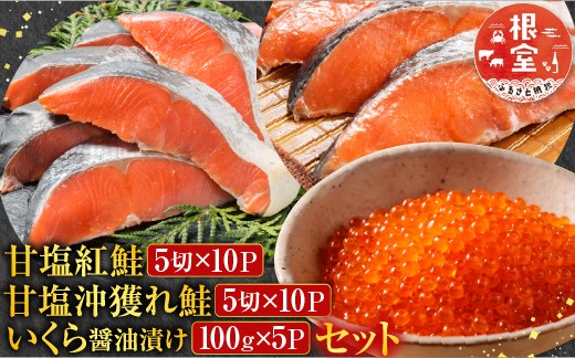 
                  E-70002 甘塩紅鮭5切×10P、甘塩沖獲れ鮭5切×10P、いくら醤油漬け100g×5P
                