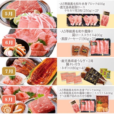 定期便(12回配送)枕崎お楽しみ便(A5等級黒毛和牛・黒豚・黒豚加工品・さつまあげ等)JJ−6003【1166754】