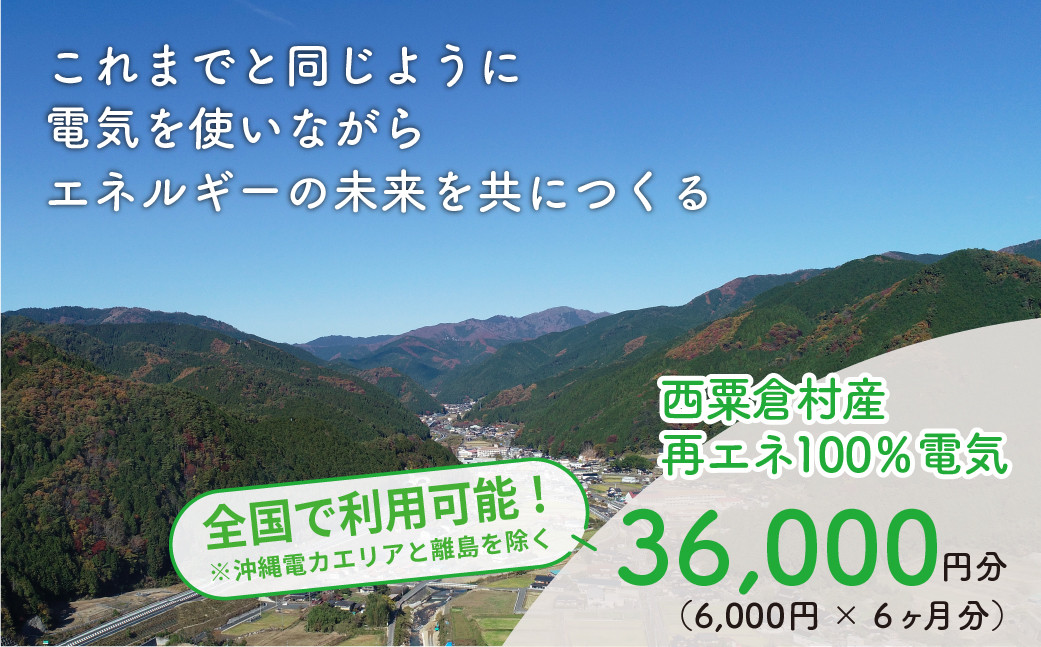 
電気料金 （6,000円✕6ヶ月分） 百森でんき CO2フリー 地域電力 お礼の電気 脱炭素 ゼロカーボン 岡山県 西粟倉村 【まずは寄付のお申し込みを！】 e-vv-A04D
