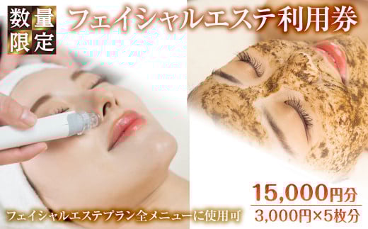 ＜数量限定＞フェイシャルエステ利用券(15,000円分(3,000円×5枚分)/フェイシャルエステプラン全メニューに使用可)【m66-13】【melty minoh】
