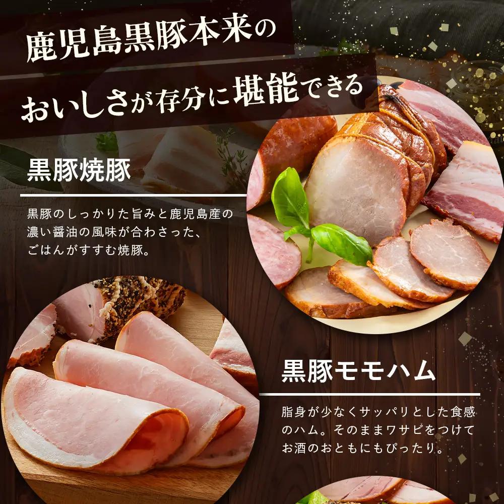 鹿児島県産 黒豚バラエティセットC 約750g (鹿児島黒豚焼豚200g・鹿児島黒豚モモハム200g・黒豚モモハムパストラミ200g・黒豚フランクフルト×150g) NS-511 | 肉 お肉 豚肉 