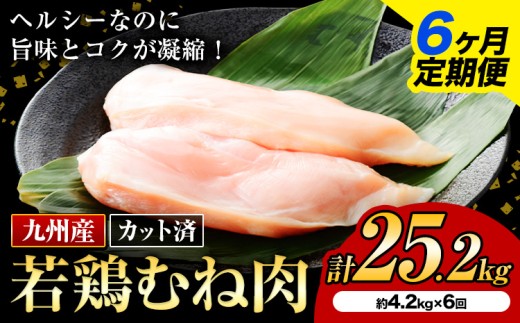 【6ヶ月定期便】 九州産若鶏ムネ肉 カット済 600g×7袋×6回 計25.2kg 鶏肉 お肉 ムネ肉 むね肉 小分け 冷凍 九州産 国産 熊本県 菊池市 送料無料《お申込み翌月から出荷》