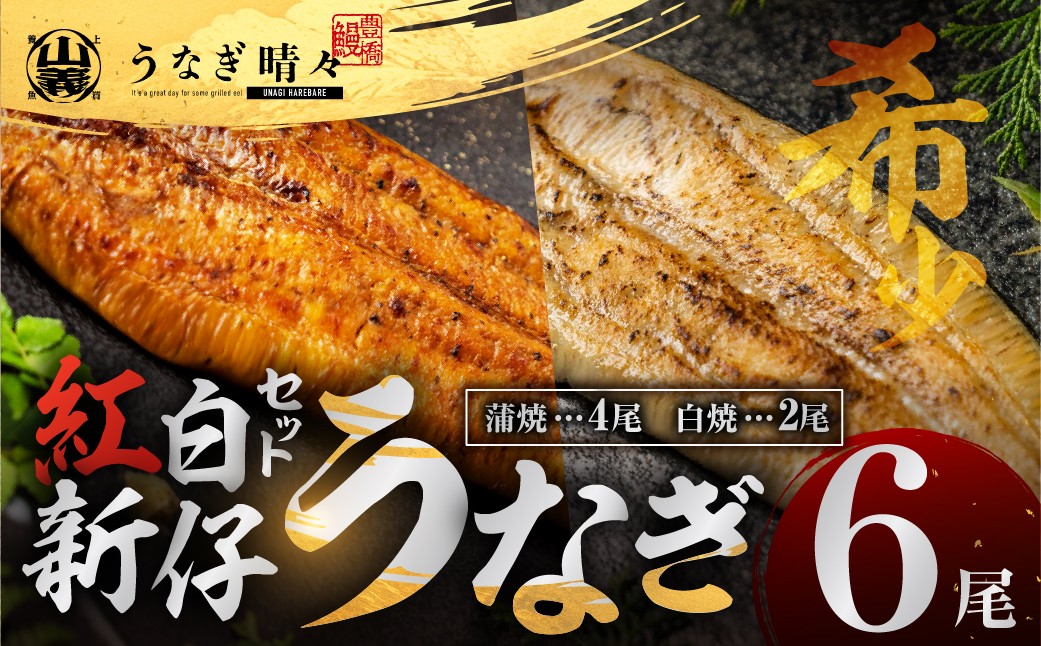 
                  山義養魚の『うなぎ晴々』紅白セット ６尾（蒲焼４尾、白焼２尾） 希少 豊橋うなぎ 蒲焼 厳選 国産 新仔うなぎ 若うなぎ 鰻 ウナギ うなぎ ひつまぶし 土用丑の日 冷凍 丑の日 ご自宅 簡単調理 お取り寄せ 送料無料 お中元 お歳暮 贈答 ギフト タレ・山椒・岩塩つき 44000円 ごちそう【選べるお届け時期】
                