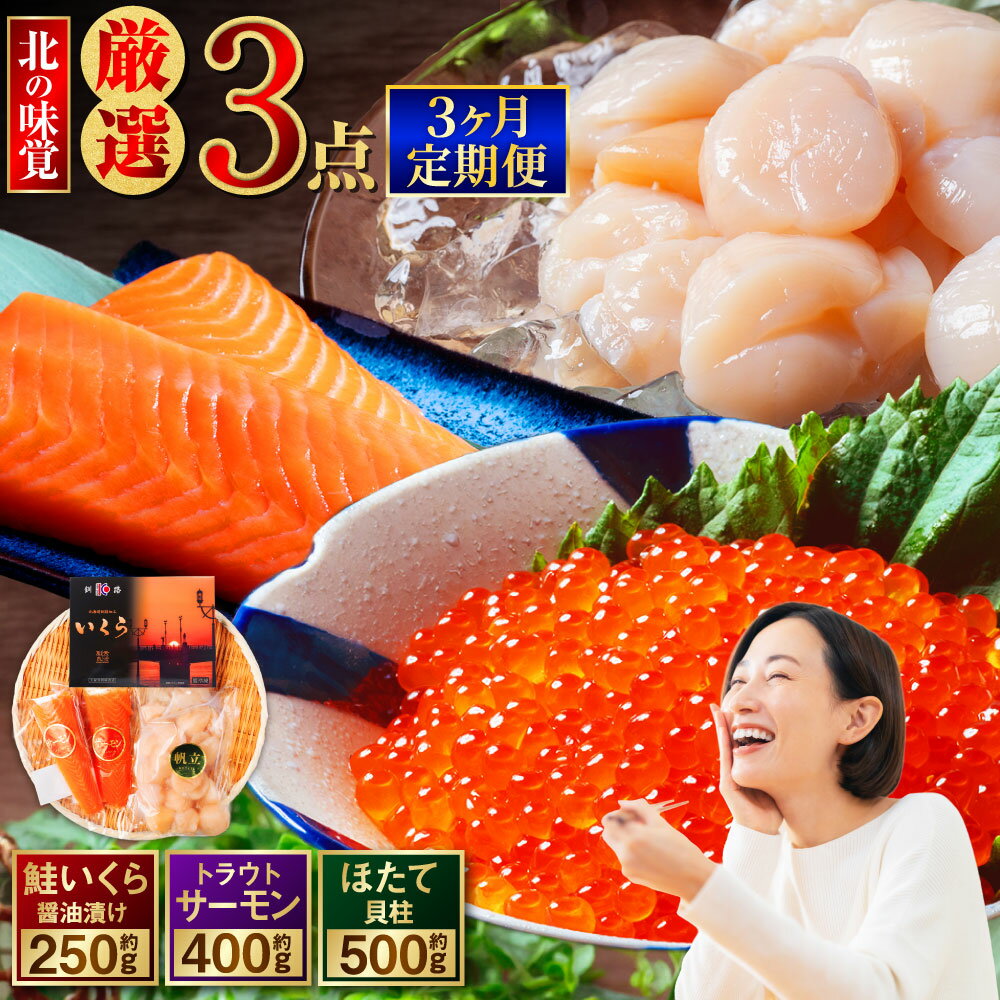 【ふるさと納税】 【3か月定期便】北海道の海鮮定期便 いくら250g サーモン400g ほたて500g 北の味覚海鮮3点定期便 海鮮丼 セット 鮭 シャケ サケ 魚卵 海鮮 海鮮セット 海鮮醤油漬 刺身 福袋 定期便 頒布会 3回 サーモン いくら ホタテ 貝柱 醤油漬け トラウトサーモン