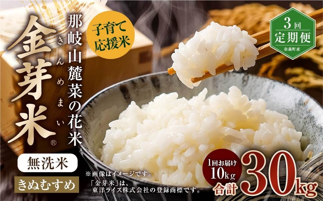 
            【 3回 定期便 】 子育て 応援 米 【 令和 7年 産 】 那岐山麓菜の花米 金芽米 無洗米 きぬむすめ 10kg 合計 30kg 米 お米 コメ 無洗米 岡山県 奈義町
          