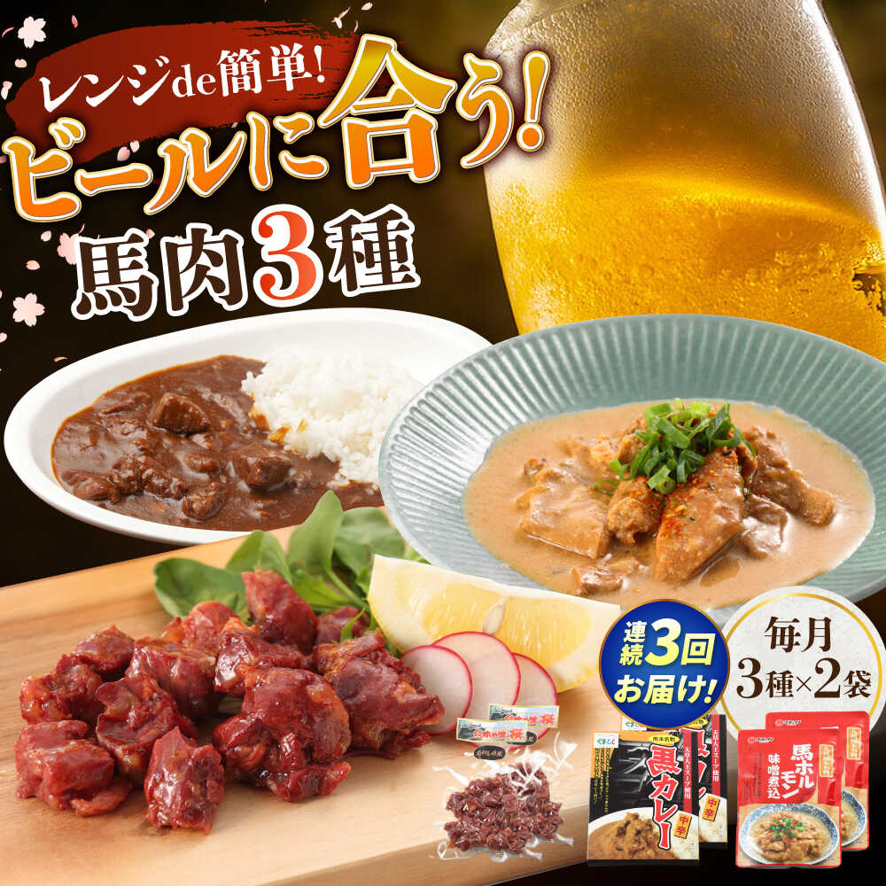 【ふるさと納税】【全3回定期便】熊本の味 馬肉 100% おつまみ 3種 セット 約960g 燻製 カレー ホルモン【有限会社 九州食肉産業】[AYCN128]