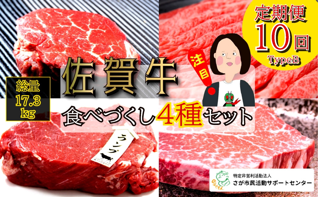 
            【定期便セット】佐賀牛食べづくし4種セット総計17.3kg：TypeB（ヒレ/ロース/ランプ/すき焼き）　全10回
          