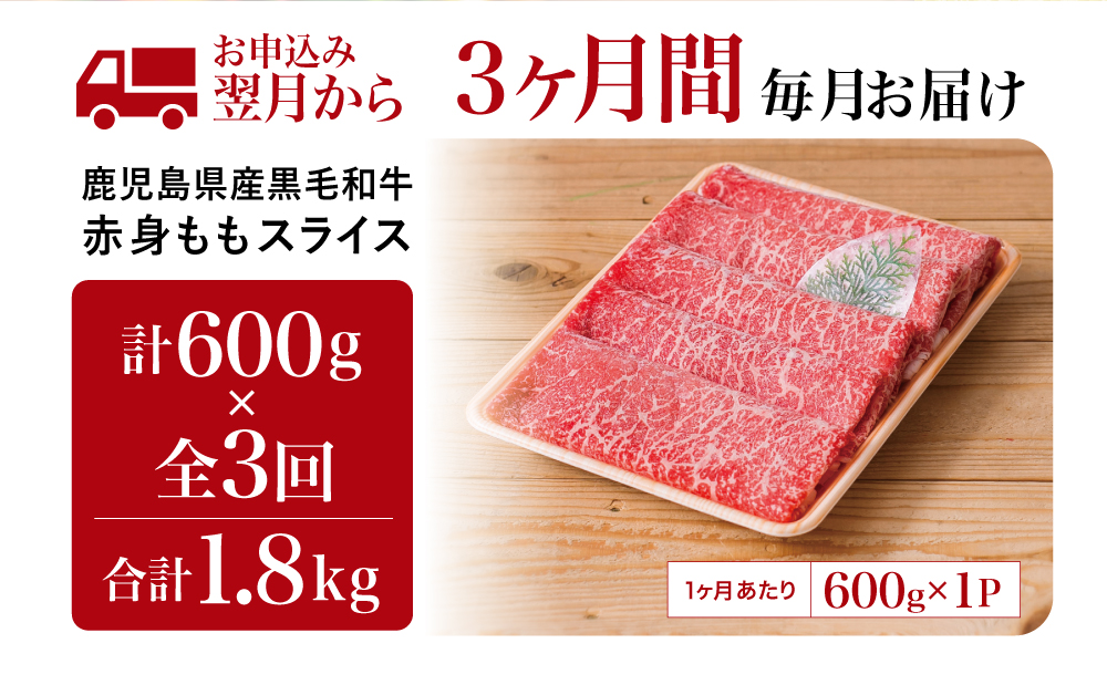 【定期便】 鹿児島県産 黒毛和牛 赤身ももスライス 600g×3回 (合計1.8kg) 黒毛和牛 すき焼き お肉 冷凍 鹿児島産 牛肉 しゃぶしゃぶ 肉 赤身 冷凍 南さつま市