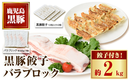 【B02084】鹿児島県産黒豚バラブロック(計約1.6kg・約400g×4P)、黒豚餃子(12個入×3P)セット！ 鹿児島 国産 九州産 黒豚 豚肉 お肉 バラ ブロック 餃子 ぎょうざ 角煮 焼肉 叉焼 焼豚 チャーシュー おかず 惣菜【和田養豚】