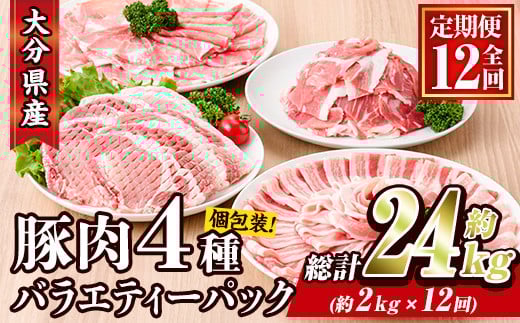＜定期便・全12回 (連続)＞ 豚肉 バラエティーパック (総量24kg・4種) 小分け 豚バラ スライス とんかつ ロース 豚こま しゃぶしゃぶ 鍋 大分県 佐伯市【BD210】【西日本畜産 (株)】