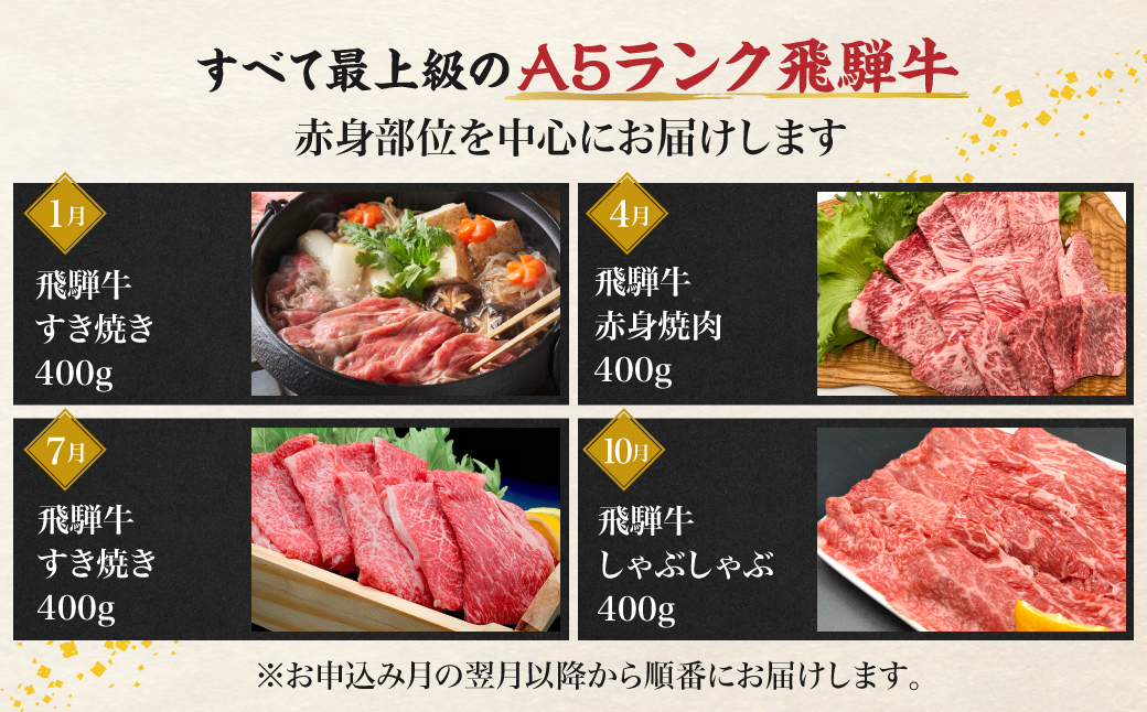 A5等級 飛騨牛  定期便 4回  (焼肉 しゃぶしゃぶ すき焼き)  【1月・4月・7月・10月発送】肉 黒毛和牛牛肉 ふるさと納税 定期便 スライス 人気 おすすめ 岩ト屋 HF104